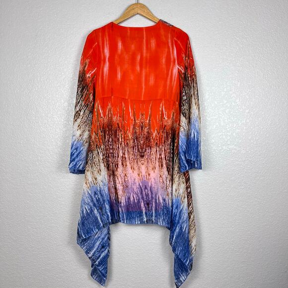 A. B Collection Womens Size Medium Orange Blue Beaded Asymmetric Tunic Blouse - Picture 2 of 8